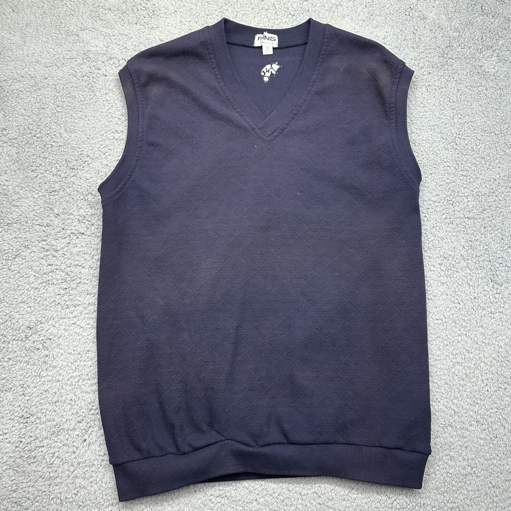 Vintage Ping Golf Mens Size Medium V-Neck Sweater Vest Blue 100% Cotton M413 016